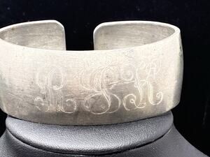 Vintage Pewter Hand Engraved Monogram Cuff Bracelet – Wide Band – USA